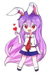  1girl :d animal_ears black_shoes blue_skirt blush chibi chibi_only collared_shirt commentary_request double-parted_bangs full_body hair_between_eyes hand_up heart highres long_hair looking_at_viewer miniskirt necktie open_mouth pleated_skirt purple_hair rabbit_ears rabbit_girl red_eyes red_necktie reisen_udongein_inaba shirt shoes short_sleeves simple_background skirt smile socks solo soooooook2 standing touhou very_long_hair white_background white_shirt white_socks 
