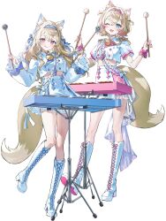  2girls absurdres animal_ear_fluff animal_ears blonde_hair blue_eyes blue_hair boots closed_mouth crossed_bangs dog_ears dog_girl dog_tail full_body fuwawa_abyssgard hair_between_eyes hands_up highres hololive hololive_english instrument knee_boots long_hair long_sleeves looking_at_viewer mococo_abyssgard multicolored_hair multiple_girls official_art one_eye_closed open_mouth pink_eyes pink_hair shirt short_hair short_sleeves siblings simple_background sisters skirt smile standing standing_on_one_leg streaked_hair tail tongue tongue_out transparent_background twins very_long_hair virtual_youtuber white_boots white_shirt white_skirt 
