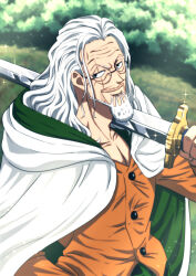  1boy adam's_apple beard black_eyes cape closed_mouth commentary_request facial_hair holding holding_sword holding_weapon long_hair long_sleeves looking_at_viewer male_focus musasabiop one_piece orange_shirt outdoors over_shoulder pectoral_cleavage pectorals round_eyewear shirt silvers_rayleigh solo sparkle sword sword_over_shoulder weapon weapon_over_shoulder white_cape white_hair wrinkled_skin 