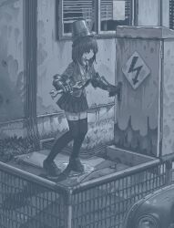  1girl black_thighhighs blazer breasts bucket bucket_on_head building cable car collared_shirt digging_your_own_grave dithering dress_shirt dripping empty_eyes fence gauntlets grass hamsterfragment holding holding_wrench imminent_death imminent_suicide jacket jaggy_lines lever loafers long_sleeves looking_at_object medium_breasts medium_hair monochrome motor_vehicle neck_ribbon object_on_head original outdoors parted_lips pleated_skirt puddle ribbon school_uniform shinohata_sachie_(hamsterfragment) shirt shoes sign skirt solo standing switch thigh-highs transformer warning_sign wet wet_clothes wet_hair white_shirt window window_blinds wrench zettai_ryouiki 