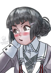  1girl black_hair blunt_bangs blush braid braided_bun brown_eyes collared_shirt dress_shirt english_commentary gloves hair_bun hair_ornament hairclip hand_on_own_face highres jacket kantai_collection long_hair looking_to_the_side military_uniform myoukou_(kancolle) myoukou_kai_ni_(kancolle) nose_blush one-hour_drawing_challenge purple_jacket ron_(pixiv83091338) shirt solo white_gloves white_shirt 