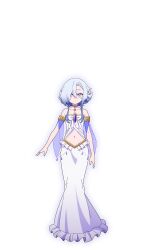  1girl alpha_transparency armlet arms_at_sides bare_shoulders bow chest_bow closed_mouth clothing_cutout clothing_request commentary_request curtained_hair dress flat_chest full_body gem gold_armlet gold_choker gold_ring gold_trim gradient_hair hair_between_eyes hair_ornament hair_over_one_eye hairclip highres invisible_floor jewelry looking_at_viewer megami_"isekai_tensei_nani_ni_naritai_desu_ka"_ore_"yuusha_no_rokkotsu_de" megami_(yuusha_no_rokkotsu_de) multicolored_hair navel official_art outer_glow purple_gem see-through_clothes short_hair sleeveless sleeveless_dress solo standing stomach_cutout tachi-e transparent_background white_bow white_dress white_hair yellow_eyes 