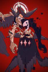  1other ambiguous_gender androgynous angel_wings armor black_wings creature cube eye_symbol feathered_wings finger_claws floating full_armor genshin_impact glowing gold_armor halo head_wings highres leaning_forward leaning_to_the_side liyou18233 looking_down melanta_(genshin_impact) monster_boy multicolored_armor multiple_wings red_background simple_background solo star_(symbol) upper_body wings 