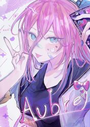  1boy absurdres aubrey_(faraway)_(omori) aubrey_(omori) bandaid bandaid_on_cheek bandaid_on_face bandaid_on_nose blue_eyes blue_hairband blue_nails blush cellphone character_name collarbone commentary double-parted_bangs hair_between_eyes hairband highres holding holding_phone kashiba_(iiiiii_kasba) long_hair looking_at_viewer omori phone pink_hair smartphone smile solo tongue tongue_out untranslatable_commentary upper_body v 