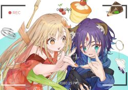  2girls absurdres animal_ears any_saki blonde_hair blue_hair blue_hoodie blue_kimono blue_nails brown_eyes brown_hair cherry chinese_commentary cho_kaguya-hime! clothing_cutout colored_inner_hair commentary_request crescent crescent_hair_ornament fang food fork fox_ears fox_girl fox_shadow_puppet fox_shadow_puppet_kiss fruit green_eyes hair_ornament hand_on_another's_waist highres hood hood_down hoodie japanese_clothes kaguya_(cho_kaguya-hime!) kimono long_hair multicolored_hair multiple_girls nail_polish open_mouth orange_nails pancake purple_hair rabbit_ears rabbit_girl recording red_kimono runami_yachiyo sakayori_iroha short_hair shoulder_cutout skin_fang strawberry unworn_bracelet very_long_hair viewfinder yuri 