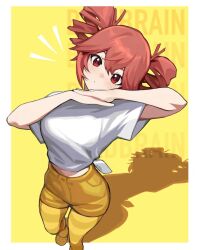  1girl arms_up birdbrain_(synthesizer_v) crocs drill_hair full_body highres kasane_teto pantyhose puckered_lips red_eyes red_hair sandals sannmako shirt short_hair short_sleeves shorts shrugging solo standing striped_clothes striped_pantyhose synthesizer_v tied_shirt twin_drills utau white_shirt yellow_background yellow_pantyhose yellow_sandals yellow_shorts 