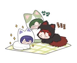  3boys :3 akatsuki_(ensemble_stars!) animal_costume animal_hood black_hair blanket cat_costume cat_hood chibi chibi_only closed_eyes commentary_request ensemble_stars! fluffy_tail glasses green_hair grooming hair_between_eyes hasumi_keito highres hood kanzaki_souma kiryu_kuro korean_commentary licking_another male_focus multicolored_hair multiple_boys onesie parted_bangs purple_hair rectangular_eyewear red_hair shadow simple_background sparkle streaked_hair v-shaped_eyebrows white_background xiwivixi 