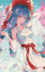  1girl bare_shoulders bianca_(black_survival) black_survival blue_hair cherry_blossoms closed_mouth collarbone commentary_request cowboy_shot cross-shaped_pupils ddollydonut dress eternal_return:_black_survival flower grey_pupils hat highres jewelry korean_commentary large_hat long_dress long_hair looking_at_viewer multicolored_hair necklace outdoors petals pink_petals purple_hair red_eyes red_hat red_ribbon ribbon sleeveless sleeveless_dress solo symbol-shaped_pupils translation_request two-tone_hair white_dress white_flower 