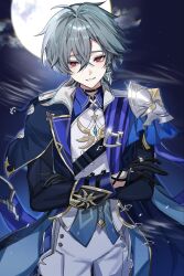  1boy ahoge armor belt belt_collar black_belt black_gloves blue_hair blue_shirt choker clouds coat collar collared_shirt commentary crossed_arms earrings genshin_impact gloves hair_between_eyes highres hoooooon1099 jewelry lohen_(genshin_impact) long_sleeves male_focus mole mole_under_eye moon multicolored_eyes night parted_lips shirt shoulder_armor wind 
