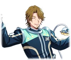  1boy beard brown_eyes brown_hair facial_hair game_cg gloves goatee happy_elements helios_rising_heroes jay_kidman male_focus non-web_source official_art open_mouth smile solo teeth transparent_background upper_body upper_teeth_only 