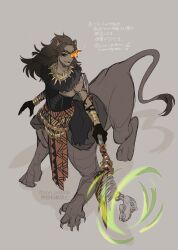  1boy animal_ears black_eyeshadow brown_hair centauroid claws commentary_request con_potata dark-skinned_male dark_skin eyeshadow flaming_eye full_body fur_collar green_eyes grey_background highres holding holding_staff leona_kingscholar lion_boy lion_ears long_hair looking_at_viewer mage_staff makeup male_focus monster_boy monsterification overblot pelvic_curtain simple_background solo staff standing taur translation_request twisted_wonderland 
