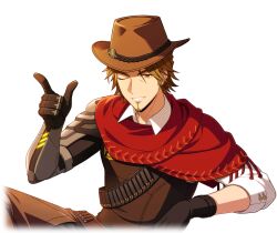  1boy bandolier belt black_gloves brown_eyes brown_hair brown_pants brown_vest cowboy_hat cowboy_western game_cg gloves happy_elements hat helios_rising_heroes jay_kidman looking_at_viewer male_focus mechanical_arms non-web_source official_art one_eye_closed pants pointing poncho shirt single_mechanical_arm sitting smile solo transparent_background vest white_shirt 