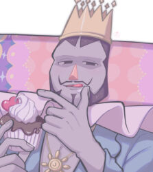  1boy absurdres beard black_eyes black_hair blue_shirt cake chinstrap_beard colored_skin commentary_request crown cupcake facial_hair food food_on_face gold_crown gold_necklace grey_skin hands_up heart highres holding holding_cake holding_food icing jewelry katamari_damacy king_of_all_cosmos licking_lips long_sleeves looking_at_viewer male_focus mustache narrowed_eyes neck_ruff necklace parted_lips pencil_mustache pendant plunging_neckline pointed_crown shirt simple_background solo tongue tongue_out triangle_nose umm15 upper_body white_background 