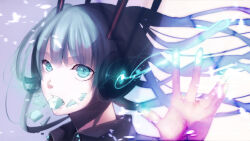  1girl against_fourth_wall aqua_eyes bad_id bad_pixiv_id black_shirt blue_hair blunt_bangs collared_shirt commentary eyes_visible_through_hair floating_hair glowing gradient_background grey_background hair_between_eyes hair_ornament hand_up hatsune_miku headphones ice ice_cube ice_shard inactive_account light_particles long_hair looking_at_viewer minami_ei mouth_hold open_mouth portrait shirt simple_background solo teeth twintails vocaloid white_background 