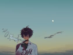  1boy black_gloves black_hair blush cigarette commentary fon_(0u0_fon) gloves gradient_sky highres holding holding_cigarette long_sleeves looking_to_the_side male_focus moon nijisanji open_mouth outdoors print_shirt saiki_ittetsu saiki_ittetsu_(1st_costume) shirt sky smoke smoke_ring smoke_trail smoking solo two-tone_shirt untranslatable_commentary upper_body violet_eyes virtual_youtuber 