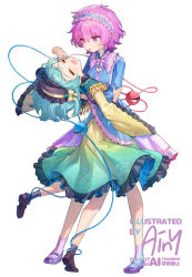  2girls adapted_costume ainy artist_name blue_dress blue_hairband brown_shoes closed_eyes commentary dancing dress eyeball floral_print frilled_dress frilled_hairband frilled_sleeves frills full_body gradient_clothes gradient_dress green_dress green_hair grey_socks hairband highres holding_hands hug komeiji_koishi komeiji_satori leg_up long_sleeves multiple_girls open_mouth pink_dress pink_eyes pink_hair print_dress purple_shoes purple_socks rose_print shoes siblings simple_background sisters smile socks sweatdrop third_eye touhou watermark white_background wide_sleeves yellow_dress 