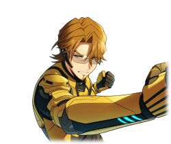  1boy brown_eyes brown_hair clenched_hand clenched_hands clenched_teeth cum cum_on_body facial facial_hair game_cg glasses gloves goatee happy_elements helios_rising_heroes jay_kidman male_focus non-web_source official_art punching solo teeth transparent_background upper_body 