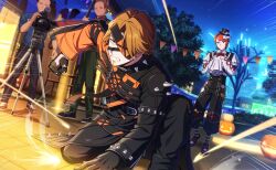  4boys billy_wise black_gloves black_pants brown_eyes brown_hair eyepatch faceless faceless_male facial_hair frills game_cg gloves goatee happy_elements hat helios_rising_heroes highres jay_kidman long_sleeves male_focus mini_hat multiple_boys night non-web_source official_art on_one_knee orange_hair pants shirt spikes teeth top_hat white_shirt 