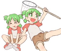 >_< 1girl :d beachepisode blush brown_shorts butterfly_net child closed_eyes commentary english_commentary green_eyes green_hair hand_net highres holding holding_butterfly_net koiwai_yotsuba multiple_views open_mouth quad_tails raglan_sleeves red_sleeves shirt shoes short_sleeves shorts simple_background sitting smile t-shirt tongue tongue_out twintails v-shaped_eyebrows white_background white_shirt yotsubato! 