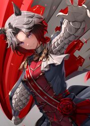  amekudaki animal_ears brooch brown_hair cape closed_mouth commentary_request ear_flower epaulettes flower flower_brooch four-pointed_star gloves gradient_hair highres horse_ears horse_girl horse_tail jacket jewelry long_sleeves looking_at_viewer multicolored_hair print_sash red_cape red_hair red_sash rose_kingdom_(racing)_(umamusume) rose_kingdom_(umamusume) sash short_hair smile tail two-tone_hair umamusume vertical-striped_sleeves white_gloves 