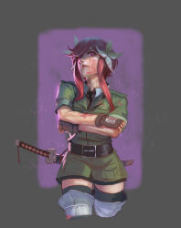  absurdres belt big_order black_belt black_gloves black_necktie blood blood_on_arm blood_on_clothes blood_on_face commentary cowboy_shot crossed_arms english_commentary fingerless_gloves flower gloves hair_flower hair_ornament highres josh_corpuz kurenai_rin military_uniform necktie pink_eyes red_hair sheath simple_background sword weapon white_flower 