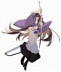  1girl apron brown_eyes brown_hair fate/grand_order fate_(series) full_body highres holding japanese_clothes katana kawakami_gensai_(fate) kawakami_gensai_(second_ascension)_(fate) kimono long_hair looking_at_viewer maid maid_apron maid_headdress microbe_volvox multicolored_hair purple_kimono solo streaked_hair sword wa_maid weapon white_hair 