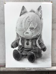  1girl animal_ear_fluff animal_ears armband blue_archive character_doll collared_shirt commentary_request dog_ears dog_girl doll dress_shirt extra_ears from_side full_body graphite_(medium) greyscale grin hair_over_one_eye highres jacket kanna_(blue_archive) long_hair long_sleeves missing_halo monochrome necktie photo_(medium) police police_uniform policewoman sharp_teeth shiosai_73 shirt sitting skirt smile solo teeth traditional_media 