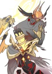  1other ambiguous_gender androgynous angel_wings armor blush body_markings chinese_commentary collarbone colored_skin commentary_request covering_chest covering_privates creature cube embarrassed eye_symbol feathered_wings finger_claws floating full_armor genshin_impact glowing glowing_wings gold_armor grey_skin halo head_tilt head_wings highres large_pectorals leaning_forward leaning_to_the_side looking_to_the_side melanta_(genshin_impact) monster_boy multicolored_skin muscular muscular_male nervous_sweating nihanwoyehan orange_wings pectorals shade shadow shoulder_armor shoulder_blush sketch solo star_(symbol) sweat upper_body very_sweaty white_background wings 