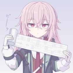  1boy ansel_(arknights) arknights bandage_roll bandages closed_mouth commentary crossed_bangs gloves gradient_background grey_background hair_between_eyes holding jitome long_hair long_sleeves looking_at_viewer male_focus motion_lines necktie pink_eyes pink_hair red_necktie solo sound_effects tkugane upper_body white_gloves 