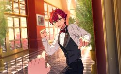  1boy black_pants bow bowtie buttons earrings fingernails green_eyes helios_rising_heroes highres jewelry long_sleeves looking_at_viewer male_focus official_art open_mouth otori_akira pants pointing pov red_bow red_bowtie red_hair shirt solo_focus teeth upper_teeth_only vest 
