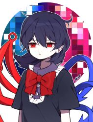  1girl asymmetrical_wings black_hair black_shirt blue_wings border bow bowtie buttons center_frills closed_mouth commentary_request double-parted_bangs frills hair_between_eyes highres houjuu_nue outline outside_border red_bow red_bowtie red_eyes red_wings round_border shirt short_hair short_sleeves solo soooooook2 touhou upper_body white_border white_outline wings 