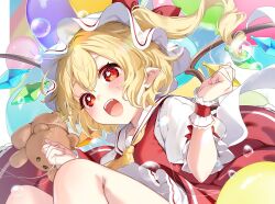  1girl album_cover ascot balloon blonde_hair blush commentary_request cover crystal crystal_wings flandre_scarlet frilled_skirt frills hat holding holding_balloon looking_at_viewer mob_cap multicolored_wings one_side_up open_mouth paragasu_(parags112) pointy_ears red_eyes red_skirt red_vest shirt skirt skirt_set smile solo stuffed_animal stuffed_toy teddy_bear touhou vest white_hat white_shirt wings wrist_cuffs yellow_ascot 