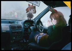  2girls :d absurdres animal_ears balladeluce black_border black_hair blue_coat border breath brown_eyes brown_hair car_interior character_doll clock coat commentary_request digital_clock doll ear_covers frilled_skirt frills gear_shift green_scarf highres horse_ears horse_girl horse_tail long_sleeves looking_at_viewer marvelous_sunday_(umamusume) multiple_girls nice_nature_(umamusume) open_mouth purple_thighhighs rear-view_mirror red_scarf right-hand_drive scarf sideways_glance sitting skirt smile speedometer steering_wheel suzuki_(company) suzuki_alto suzuki_alto_works tail thigh-highs twintails two_side_up umamusume warming_hands waving white_skirt yellow_eyes 