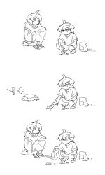  2girls absurdres ahoge arm_on_knee bag braid child commentary_request crossed_arms dress full_body greyscale gundam gundam_suisei_no_majo highres holding holding_trowel long_hair looking_at_another miorine_rembran monochrome multiple_girls nideaneng sandals shirt shorts simple_background sitting sprout squatting trowel watering_can white_background yushura_mirzakhani 