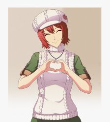  1girl absurdres ao_no_kiseki border brown_background closed_eyes closed_mouth commission double-parted_bangs eiyuu_densetsu english_commentary gradient_background green_shirt grey_border hair_between_eyes hat heart heart_hands highres jewelry necklace noel_seeker pendant red_hair roccatonyart second-party_source shirt short_hair short_sleeves simple_background sleeveless sleeveless_sweater smile solo sweater turtleneck turtleneck_sweater upper_body white_hat white_sweater zero_no_kiseki 