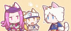  3boys animal_ears baseball_cap blonde_hair blue_eyes cat_boy cat_ears cat_tail chibi chibi_only clothing_cutout commentary_request ears_through_headwear emporio_alnino expressionless fake_horns fishnet_top fishnets fur_hat hand_on_own_hip hat highres horned_headwear horns jojo_no_kimyou_na_bouken kasasagi_(hinagi) kemono_friends long_hair male_focus multiple_boys narciso_anasui open_mouth outline paw_print pink_eyes pink_hair short_hair short_sleeves stone_ocean sweat tail weather_report white_outline yellow_background yellow_eyes 
