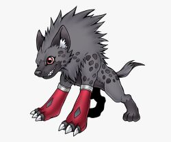  black_fur claws commentary digimon digimon_(creature) english_commentary fingerless_gloves gloves hyena no_humans official_style oridigi original red_gloves sewally1399982 sharp_teeth simple_background solo tail teeth white_background 