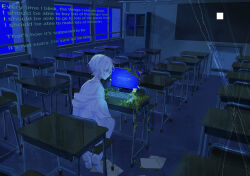  1boy absurdres bandaged_neck bandages blue_eyes chair chalkboard classroom commentary_request computer_keyboard desk english_text hair_between_eyes highres indoors male_focus monitor original overgrown papers plant school_chair school_desk shirt short_hair sitting solo tearing_up vines white_hair white_shirt window yuruku 