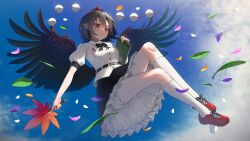  1girl absurdres bird_wings black_bow black_bowtie black_wings bloomers blue_sky bow bowtie brown_hair closed_mouth clouds collared_shirt commentary_request day falling_leaves falling_petals feathered_wings frilled_skirt frills full_body geta hat hauchiwa highres kneehighs leaf looking_at_viewer petals pointy_ears pom_pom_(clothes) pyonsuke_(pyon2_mfg) red_eyes red_hat red_shoes shameimaru_aya shirt shoes short_hair short_sleeves skirt sky smile socks solo tengu-geta tokin_hat touhou white_bloomers white_shirt white_socks wings 