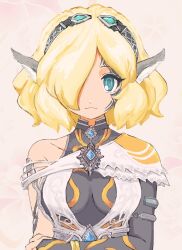  1girl animal_ear_fluff animal_ears aqua_eyes bad_id bad_twitter_id blonde_hair breasts celica_(xenoblade_x) closed_mouth collarbone crossed_arms hair_over_one_eye highres kokkou_1 looking_at_viewer medium_breasts medium_hair single_bare_shoulder smile solo straight-on upper_body white_background xenoblade_chronicles_(series) xenoblade_chronicles_x 