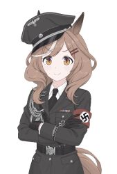  1girl =_= animal_ears armband belt black_belt black_cat03 black_gloves black_hat black_jacket black_necktie brown_hair closed_mouth commentary cowboy_shot cross crossed_arms gloves hat horse_ears horse_girl horse_tail iron_cross jacket light_blush long_hair looking_at_viewer matikanetannhauser_(umamusume) military_hat military_jacket nazi necktie orange_eyes red_armband shirt sidelocks smile solo ss_insignia swastika tail umamusume white_shirt 