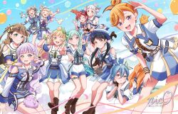  6+girls :d ;d absurdres animal_on_shoulder animalization arashi_chisato balloon bird bird_on_shoulder black_dog black_gloves black_hair blonde_hair blue_cat blue_dress blue_eyes blue_hair blunt_bangs boots bow braid breast_pocket brown_boots cat center-flap_bangs closed_mouth collarbone collared_dress commentary_request contrast_collar cross-laced_clothes cross-laced_dress dog dolce_(love_live!) double_bun dress everyone fingerless_gloves gloves gradient_hair green_eyes grey_hair grin hair_bow hair_bun hazuki_ren heanna_sumire highres isopod lace-up_boots leaning_forward long_hair looking_at_viewer lop_rabbit love_live! love_live!_superstar!! low_twintails maltese monkey multicolored_hair multiple_girls nico_ron_nico on_cloud one_eye_closed onitsuka_natsumi onitsuka_tomari open_mouth open_the_gate!!!_(love_live!) orange_eyes orange_hair owl panda person_and_animalization pink_eyes pink_hair pleated_dress pocket purple_dog red_cat red_hair sakurakoji_kinako salute shibuya_kanon short_dress short_hair side_braids side_ponytail signature single_hair_bun sitting smile squirrel tang_keke teeth twin_braids twintails twitter_username two_side_up undersized_animal upper_teeth_only very_long_hair violet_eyes wakana_shiki white_hair wien_margarete yellow_bow yellow_eyes yoneme_mei 