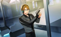  1boy belt black_necktie black_pants brown_hair collared_shirt game_cg glasses gloves grey_shirt gun handgun happy_elements helios_rising_heroes highres holding holding_gun holding_weapon indoors jay_kidman male_focus necktie non-web_source official_art open_mouth pants shirt single_glove smile solo weapon 