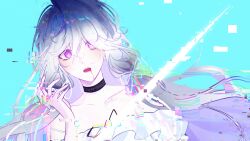  000_(path_to_nowhere) 1girl bare_shoulders blood blood_from_mouth blue_background choker commentary glitch gradient_hair hand_up highres multicolored_hair open_mouth path_to_nowhere portrait solo untranslatable_commentary violet_eyes white_hair wide-eyed yuuya_(yzuuyu) 