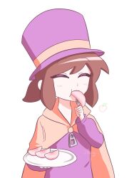  1girl a_hat_in_time brown_hair cape child closed_eyes food food_in_mouth fork fruit hat hat_kid hat_ribbon highres holding holding_fork holding_plate jacket jibung long_sleeves medium_hair peach peach_slice plate ponytail purple_hat purple_jacket ribbon sidelocks signature solo top_hat upper_body white_background yellow_cape yellow_ribbon zipper_pull_tab 