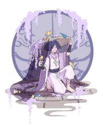  1boy animal_on_head armor artist_name barefoot bell bird bird_on_hand bird_on_head bird_on_knee black_bow black_hair black_sash blue_bird blunt_ends bow bright_pupils brown_hat clothing_cutout commentary_request feathers flower full_body genshin_impact gold_bell guyuqiuhen1 hands_up hat highres ichimegasa japanese_armor japanese_clothes kariginu kimono kote kurokote layered_sleeves long_sleeves looking_at_viewer male_focus mandarin_collar musical_note on_head on_one_knee open_mouth orange_bird pants parted_bangs pelvic_curtain pom_pom_(clothes) purple_kimono purple_sleeves purple_veil sash scaramouche_(genshin_impact) scaramouche_(kabukimono)_(genshin_impact) see-through_clothes see-through_veil side_cutout signature sketch solo string tsurime veil violet_eyes white_mouth white_pants white_pupils white_sleeves wide_sleeves wispy_bangs wisteria yellow_bird yellow_feathers 