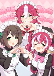  3girls ;d absurdres animal_ears apron bandit_sisters_(princess_connect!) blush bow bowtie breasts brown_hair character_name commentary_request dress ear_piercing earrings enmaided fang finger_heart frilled_apron frills fubuki_(princess_connect!) green_bow green_eyes heart heart_hands heart_in_heart_hands highres jewelry long_hair long_sleeves looking_at_viewer maid maid_apron maid_headdress moe_moe_kyun! multicolored_hair multiple_girls official_alternate_costume one_eye_closed open_mouth piercing pink_background pink_bow pink_hair pointy_ears princess_connect! puffy_sleeves red_hair short_hair skin_fang smile streaked_hair thumbs_down thumbs_down_heart_hands tnd(tenndo) two-tone_hair two_side_up virtual_youtuber wakana_(princess_connect!) white_apron white_hair yamato_(princess_connect!) 