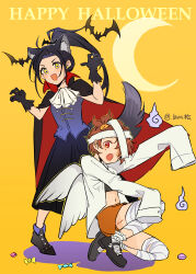  2girls absurdres animal_ear_fluff animal_ears artist_name ascot bandage_on_face bandaged_leg bandages bat_(animal) black_cape black_gloves black_hair black_shoes braid braided_bangs brown_hair candy cape chinese_commentary coat commentary_request crop_top dress fangs food frills full_body gloves hair_ornament halloween halloween_costume hands_up happy_halloween highres kamisaki_hikaru lava_indifferent long_dress long_hair medalist_(manga) moon multiple_girls navel open_mouth orange_eyes orange_shorts paw_pose ponytail red_cape shoes short_hair shorts simple_background skin_fangs sleeves_past_fingers sleeves_past_wrists tail teeth two-sided_cape two-sided_fabric upper_teeth_only white_coat wings wolf_ears wolf_tail yellow_background yellow_eyes yuitsuka_inori 