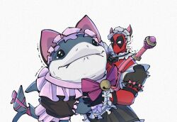  1boy apron commentary deadpool_(maid-pool) hug jeff_the_land_shark jeff_the_land_shark_(maid_to_chomp) maid maid_apron maid_headdress marvel marvel_rivals official_alternate_costume superhero_costume sword sword_on_back tearing_up trembling untranslatable_commentary weapon weapon_on_back white_background yamuoez 