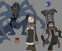  1boy 1girl 1other amygdala_(bloodborne) ascot black_dress black_hair bloodborne bonnet boots brown_bonnet brown_boots brown_cape bug cape dress eldritch_abomination extra_arms extra_eyes glommer_(don't_starve) grey_background grey_hair highres hunter_(bloodborne) kekeken mensis_cage micolash_host_of_the_nightmare plain_doll red_ascot red_cape rom_the_vacuous_spider running simple_background 